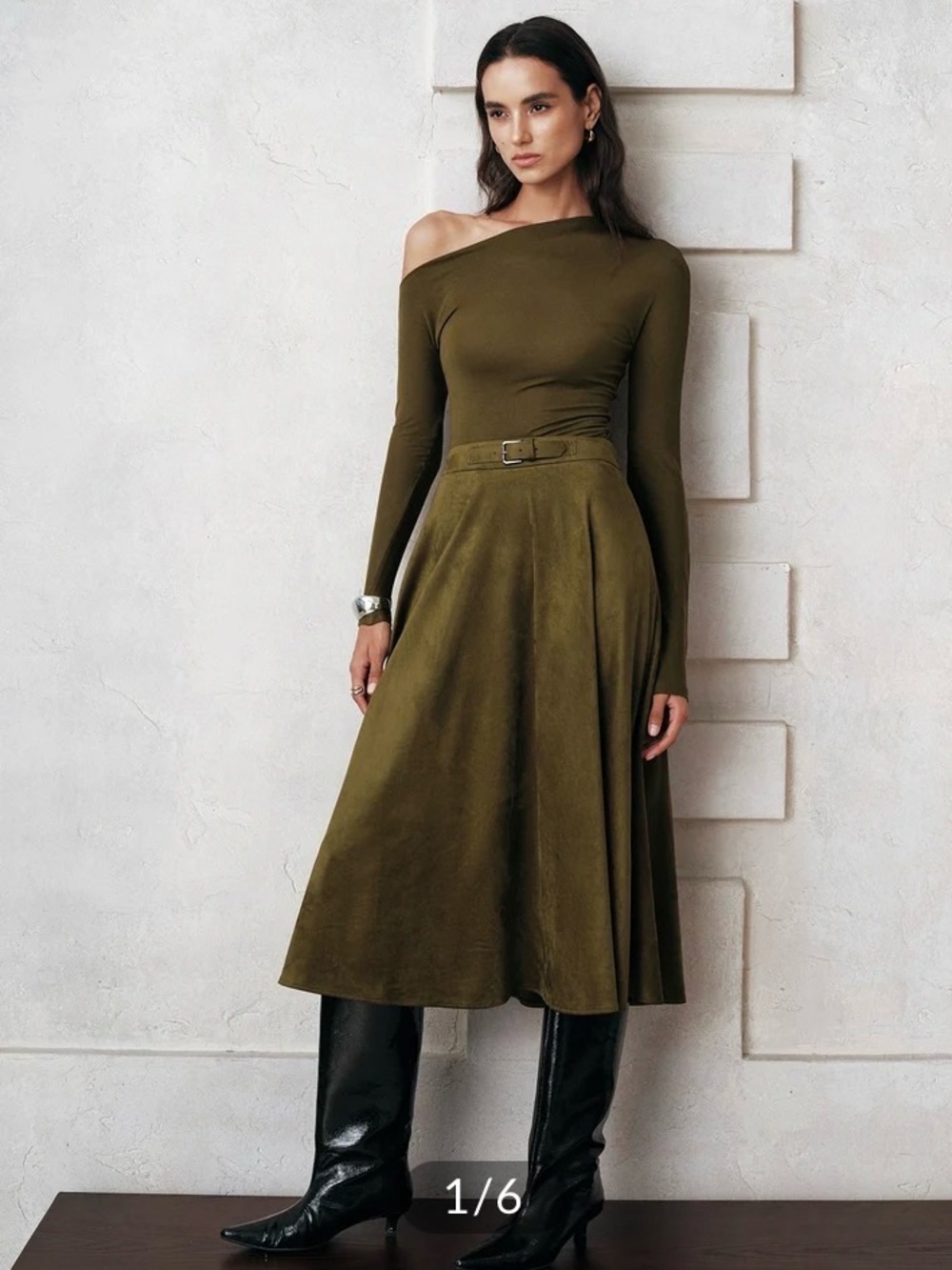 Commense Olive Asymmetric One-Shoulder Midi Skirt